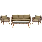 Beliani Gartenmöbel Set Dunkelbraun und Olivgrün Rattan Sicherheitsglas Textil inkl. Kissen 5-Sitzer Terrasse Outdoor Modern