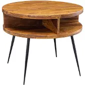 Wohnling Couchtisch Sheesham Massivholz rund Ø 60 cm – Wohnzimmertisch mit Ablage & schwarzen Metallbeinen | Retro Design | handgefertigtes Unikat