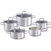 Fissler Viseo / Edelstahl-Topfset, 5-teilig, Kochtopf-Set, Töpfe mit Glas-Deckel, Induktion, alle Herdarten (3 Kochtöpfe, 1 Bratentopf, 1 Stielkasserolle-deckellos)