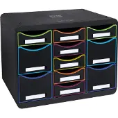 Exacompta Store-Box Multi Black Office Schwarz/Harlekin, 11 offene Schubladen (7 flach/4 hoch), leise, 25 Jahre Garantie