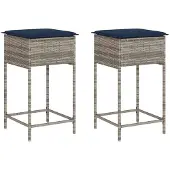vidaXL Garten-Barhocker mit Kissen 2 Stk. Grau Poly Rattan