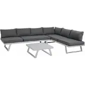 Möbilia Sitzgruppe 1 x Ecksofa + 1 x Couchtisch inkl. Kissen Stahl/Polyholz weiß/grau