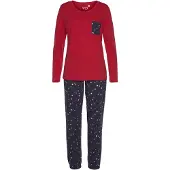 Vivance Pyjama DREAMS, Damen, Gr. 32/34, rot (rot, navy), Single Jersey, Obermaterial: 100% Baumwolle, bequem lang, Rundhals, Homewear-Sets Pyjama, mit niedlichem Herzen-Sterne-Druck, Topseller