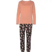 Vivance Pyjama DREAMS, Damen, Gr. 32/34, schwarz (schwarz, gemustert), Obermaterial: 100% Baumwolle, Basic, Basic, Rundhals, Homewear-Sets Pyjama, mit schönem Naturprint