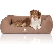 Knuffelwuff Kuschelwuff orthopädisches Hundebett Leano aus Velours mit handgewebtem Charakter XXL 120 x 85cm hellbraun