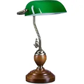 Relaxdays Bankerlampe Holzfuß, Retro Schreibtischlampe, Messing-Optik, HxBxT:26,5x43x18cm, Holz/Glas/Metall, grün