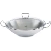 Fissler Kunming / Edelstahl-Wok (Ø 36 cm) große Wok-Pfanne unbeschichtet,Asiapfanne mit Glas-Deckel, inkl. Gittereinsatz, alle Herdarten - auch Induktion