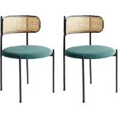 Beliani Esszimmerstuhl 2er Set Grün Leinen-Stoffbezug u. Wiener-Geflecht mit Schwarzem Metallgestell Offene Rückenlehne Retro-Design Stuhl-Set