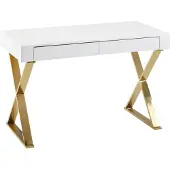 Wohnling Schreibtisch 118x76x57 cm Holz Hochglanz Weiß Metallbeine Golden Design Computertisch PC-Tisch Bürotisch Modern Konsolentisch Schubladen