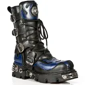 New rock Unisex Schwarz/Blau Leder Gothic Biker Totenkopf Stiefel-107-C5