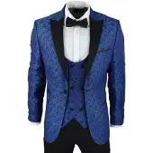 TruClothing Blauer Herren-Smoking-Blazer, Brokat-Weste, schwarzer Satin-Paisley-Dinner-Jacke