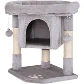 Lionto Kratzbaum für Katzen 60 cm, mit Kuschelhöhle, Plüschbällen & robusten Sisalstämmen, platzsparend & modern, hellgrau