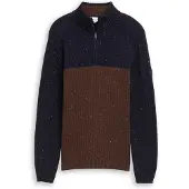 Tom Tailor Troyer , Herren, Gr. S, navy braun color block, Strick, Obermaterial: 60% Baumwolle, 40% Polyacryl, regular fit normal, ohne Ausschnitt, Rippbündchen, Pullover Troyer, mit Logo Stickerei