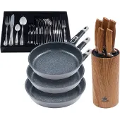King 5tlg. Profi-Bratpfannenset »Moonscape 3er« GRAU Bratpfannen flach (Ø20cm Ø24cm Ø28cm) + 6tlg. Messerblockset + 31tlg. Besteck