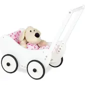 Pinolino Holzpuppenwagen „Trixi“ – Niedliche und langlebige Wiege – Massives Buchenholz mit Bettdecke „Herzen“ – weiß