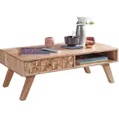 Wohnling Couchtisch REWA 95x35x50cm Akazie Massivholz Sofatisch Wohnzimmertisch mit Schublade Stubentisch Landhaus Braun Designer Holztisch