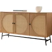 Wohnling Sideboard 140x80x39 cm Kommode Eiche-Nachbildung mit Rattan Geflecht Modern Hoher Kommodenschrank Standschrank mit 3 Türen Anrichte Wohnzimmer
