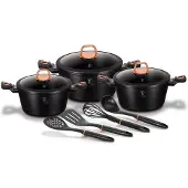 Berlinger Haus Black Rose Kochtopf Set 10-Teiliges Induktions Antihaft-Aluminium 3 Kochtöpfe 3 Glasdeckel Schwarz