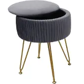 Mendler Sitzhocker HWC-K47, Hocker mit Staufach, Ø 33cm, Samt-Optik ~ hellgrau, Gestell gold