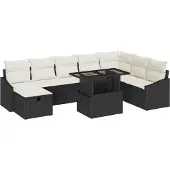 vidaXL Garten-Sofa-Set mit Kissen 9 pcs Schwarz Poly Rattan