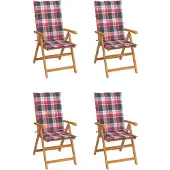 vidaXL Gartenstühle 4 Stk. Rote Karomuster-Kissen Massivholz Teak