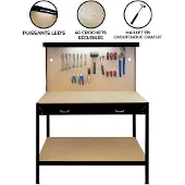 Monster Werkbank mit Lochwand, Schublade & Licht - Schwarz