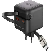Forcell , 70W GaN III Ladegerät USB-C mit einziehbarem Kabel kompakt, Schwarz