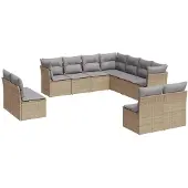 vidaXL 11-tlg. Garten-Sofagarnitur mit Kissen Beige Poly Rattan