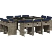 vidaXL 11-teiliges Garten-Ess-Set mit Kissen, grau, Polyrattan