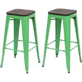 Mendler 2er-Set Barhocker HWC-A73 inkl. Holz-Sitzfläche, Barstuhl Tresenhocker, Metall Industriedesign stapelbar grün