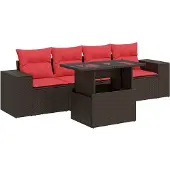 vidaXL 5-tlg. Garten-Sofagarnitur mit Kissen Braun Poly Rattan Akazie