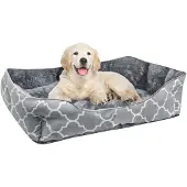 Intirilife Flauschiges Haustierbett mit doppelseitigem Innenkissen in Blau-Grau - Größe 57 x 47 cm - Weiches rundes rutschfestes Hundebett Katzenbett Kissen komfortables Hundesofa Katzensofa