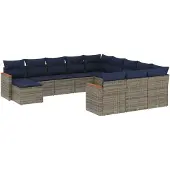 vidaXL 12-teiliges Gartensofa-Set mit Kissen, grau, Polyrattan