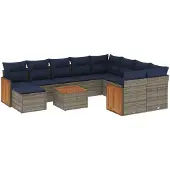 vidaXL 11-teiliges Gartensofa-Set mit Kissen, grau, Polyrattan