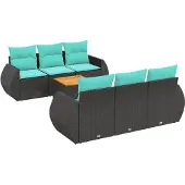vidaXL 7-teiliges Gartensofa-Set mit Kissen, schwarzes Polyrattan
