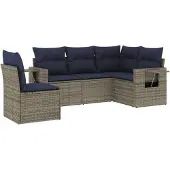 vidaXL 5-teiliges Gartensofa-Set mit Kissen, grau, Polyrattan