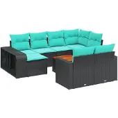 vidaXL 11-teiliges Gartensofa-Set mit Kissen, schwarzes Polyrattan