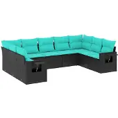 vidaXL 9-teiliges Gartensofa-Set mit Kissen, schwarzes Polyrattan