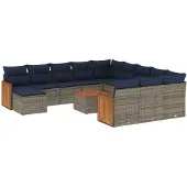 vidaXL 13-teiliges Gartensofa-Set mit Kissen, grau, Polyrattan