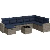 vidaXL 9-tlg. Garten-Sofagarnitur mit Kissen Grau Poly Rattan