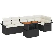 vidaXL Gartensofa-set 7 Stk. Schwarz und Creme Poly-Rattan