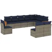 vidaXL 10-teiliges Gartensofa-Set mit Kissen, grau, Polyrattan