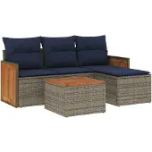 vidaXL 5-teiliges Gartensofa-Set mit Kissen, grau, Polyrattan