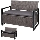 Mendler Poly-Rattan 2er Sitzbank MCW-F39, Gartenbank Truhenbank, Staufach Aufbewahrung Sitzkissen grau-meliert, Kissen grau