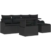 vidaXL Sitzgruppe für den Outdoor mit Kissen 6 pcs Schwarz Poly Rattan