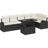 vidaXL Gartensofa-set 7 Stk. Schwarz und Creme Poly-Rattan