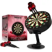 Karella Mini Dartboard Bulli, Miniatur Dartscheibe Ø 15 cm mit verstellbarem Metallständer, Set inkl. 6 Minidarts (Steel), für Zuhause, Schreibtisch, Deko, Geschenk