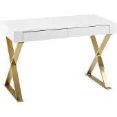 FineBuy Schreibtisch 118x76x57 cm Holz Hochglanz Weiß Metallbeine Golden Design Computertisch PC-Tisch Bürotisch Modern Konsolentisch Schubladen
