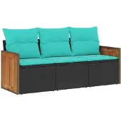 vidaXL 3-teiliges Gartensofa-Set mit Kissen, schwarzes Polyrattan