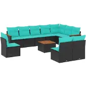vidaXL 11-teiliges Gartensofa-Set mit Kissen, schwarzes Polyrattan